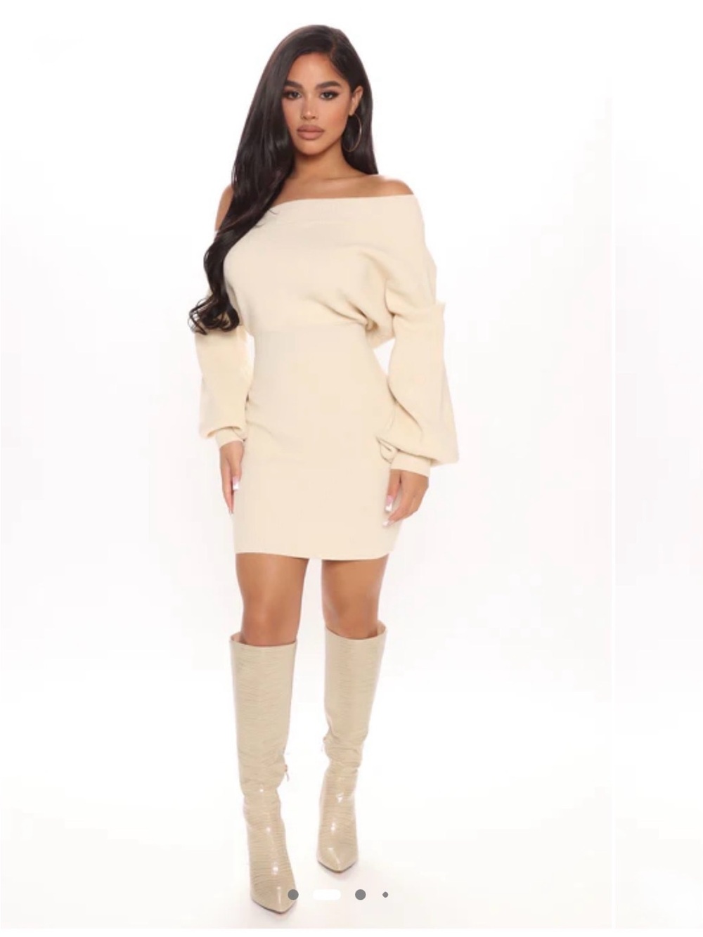 Fashion Nova Off-Shoulder Cream Sweater Dress